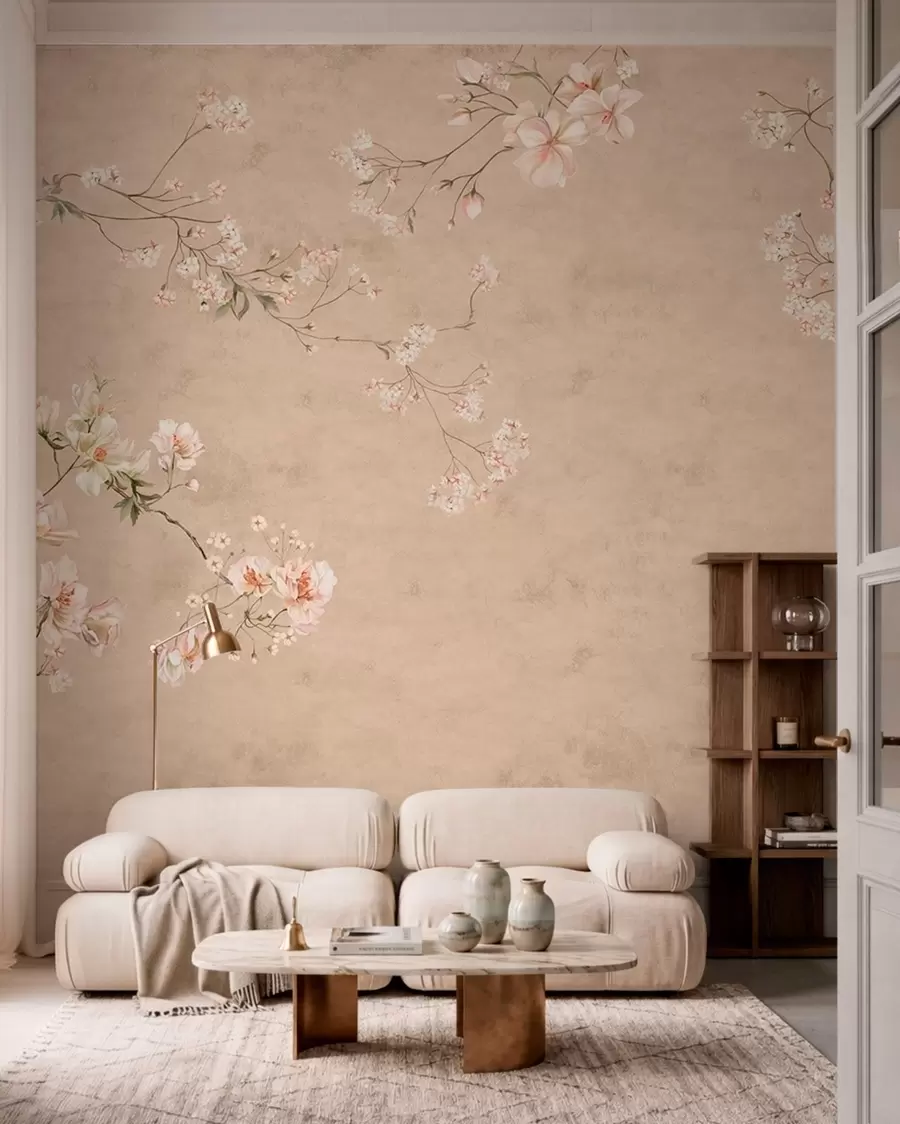 wall murals Chinoiserie floral branches on warm beige background w05427v2