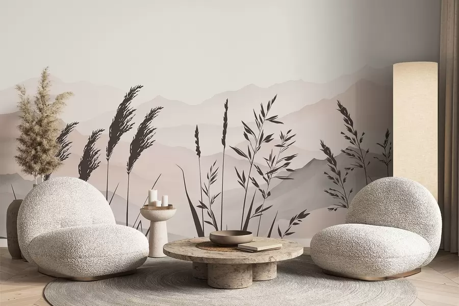 wall murals Silhouettes of grass against the backdrop of mountains w05501
