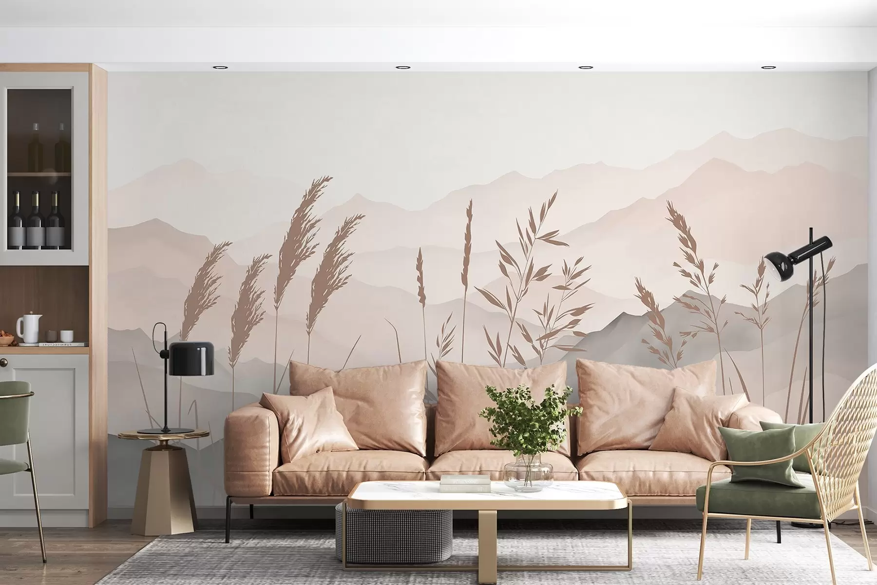 wall murals Silhouettes of grass against the backdrop of mountains w05501v1