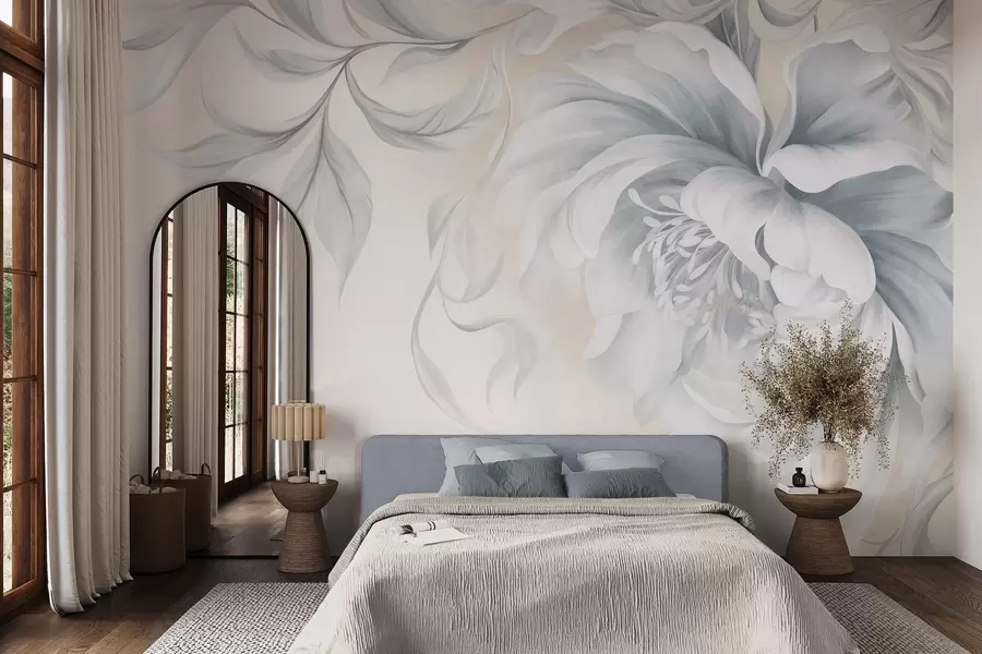 wall murals Large, textured peony with delicate petals and gray leaves, painted soft style w09647