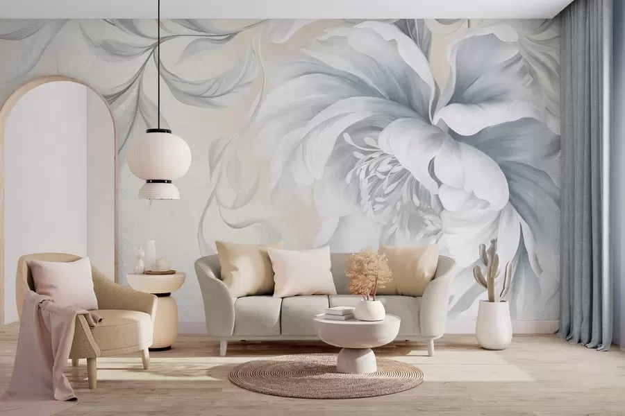 wall murals Large, textured peony with delicate petals and gray leaves, painted soft style w09647