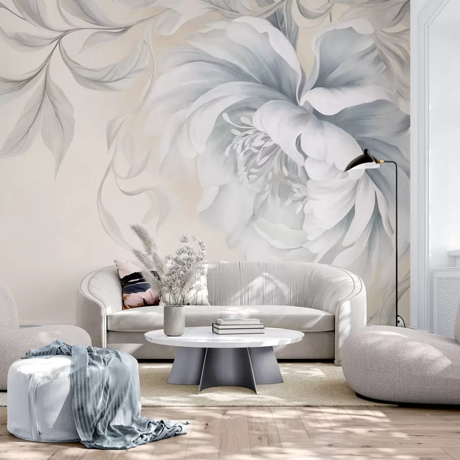 wall murals Large, textured peony with delicate petals and gray leaves, painted soft style w09647