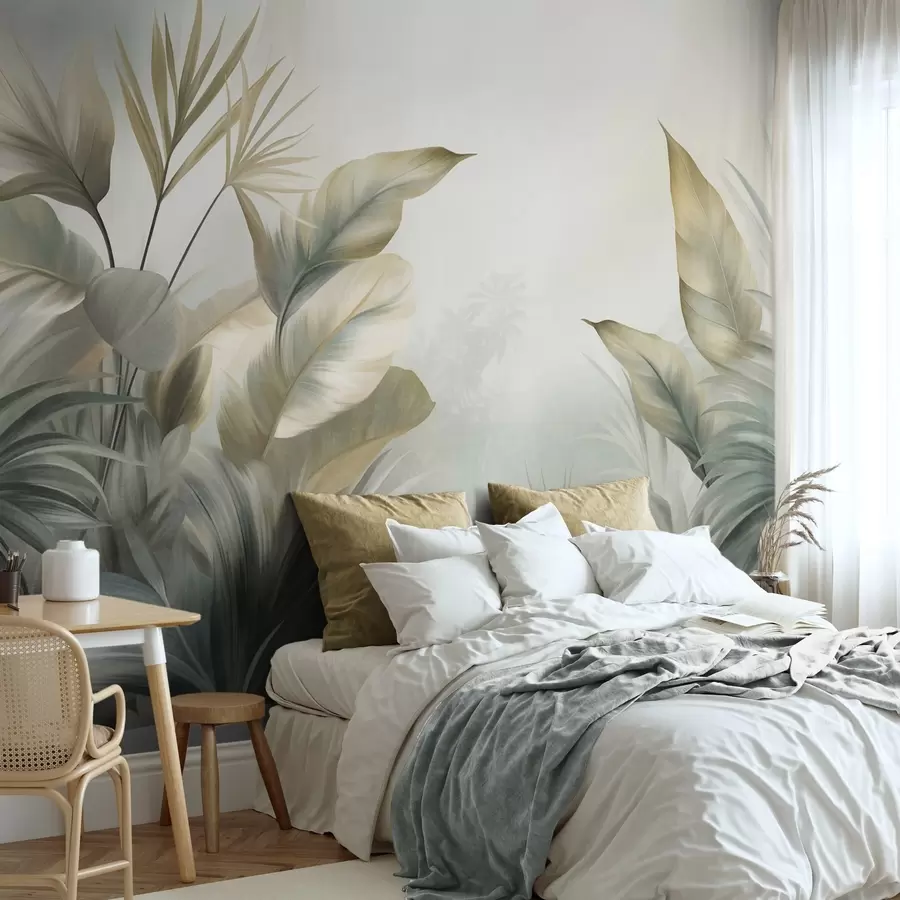 wall murals Large, textured tropical leaves in muted green and beige tones, a jungle environment w09820