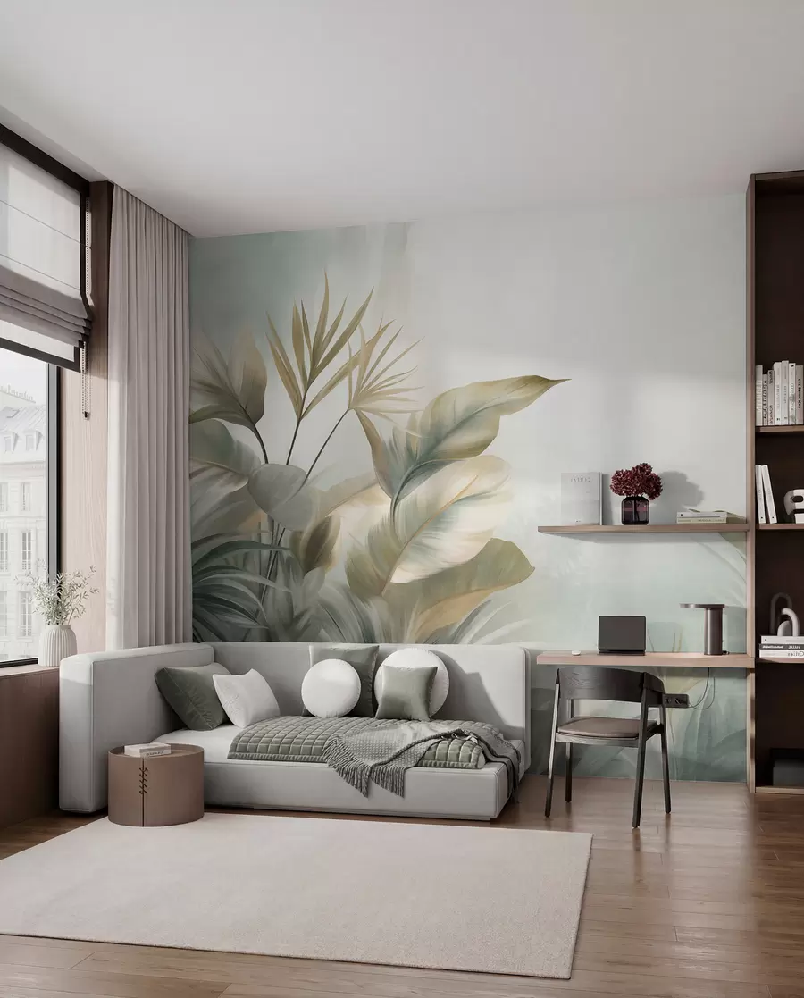 wall murals Large, textured tropical leaves in muted green and beige tones, a jungle environment w09820