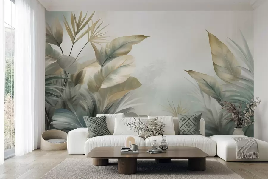 wall murals Large, textured tropical leaves in muted green and beige tones, a jungle environment w09820