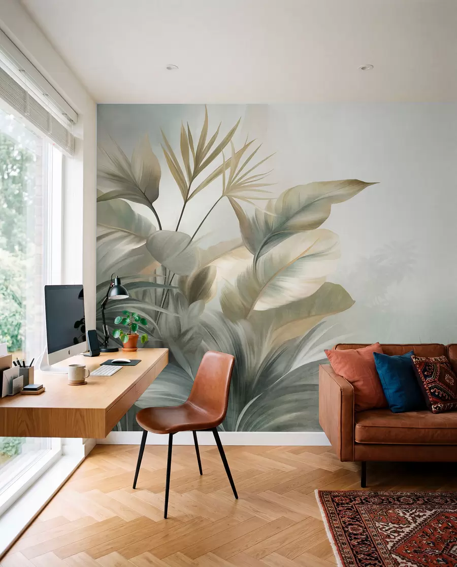 wall murals Large, textured tropical leaves in muted green and beige tones, a jungle environment w09820