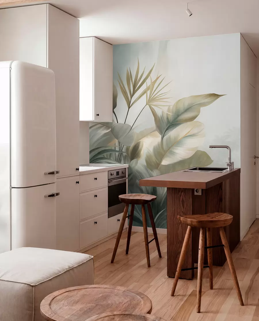 wall murals Large, textured tropical leaves in muted green and beige tones, a jungle environment w09820