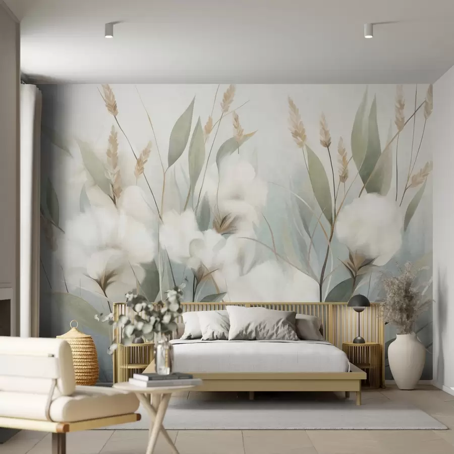 wall murals White dried flowers and tall grass with a soft, muted background , painted, impressionistic style w09823