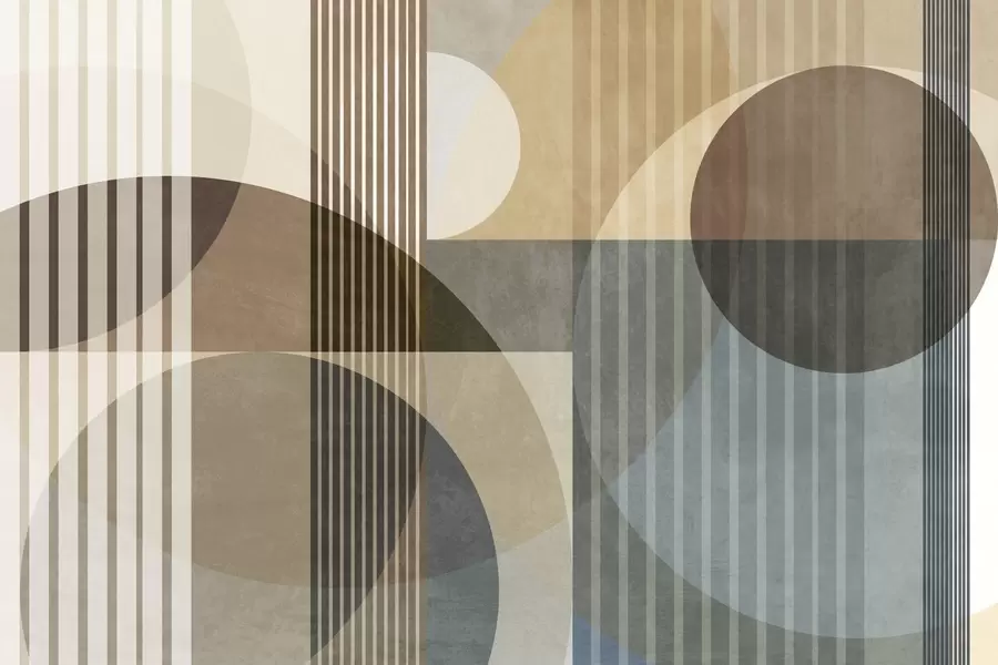 wall murals Abstract geometric shapes with circles and lines, muted earth tones, textured, layered composition w09834