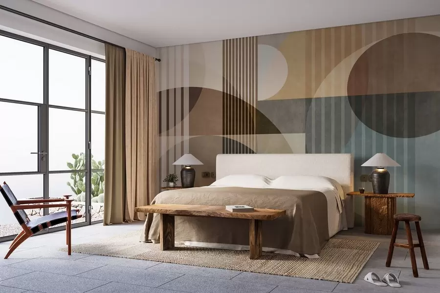 wall murals Abstract geometric shapes with circles and lines, muted earth tones, textured, layered composition w09834