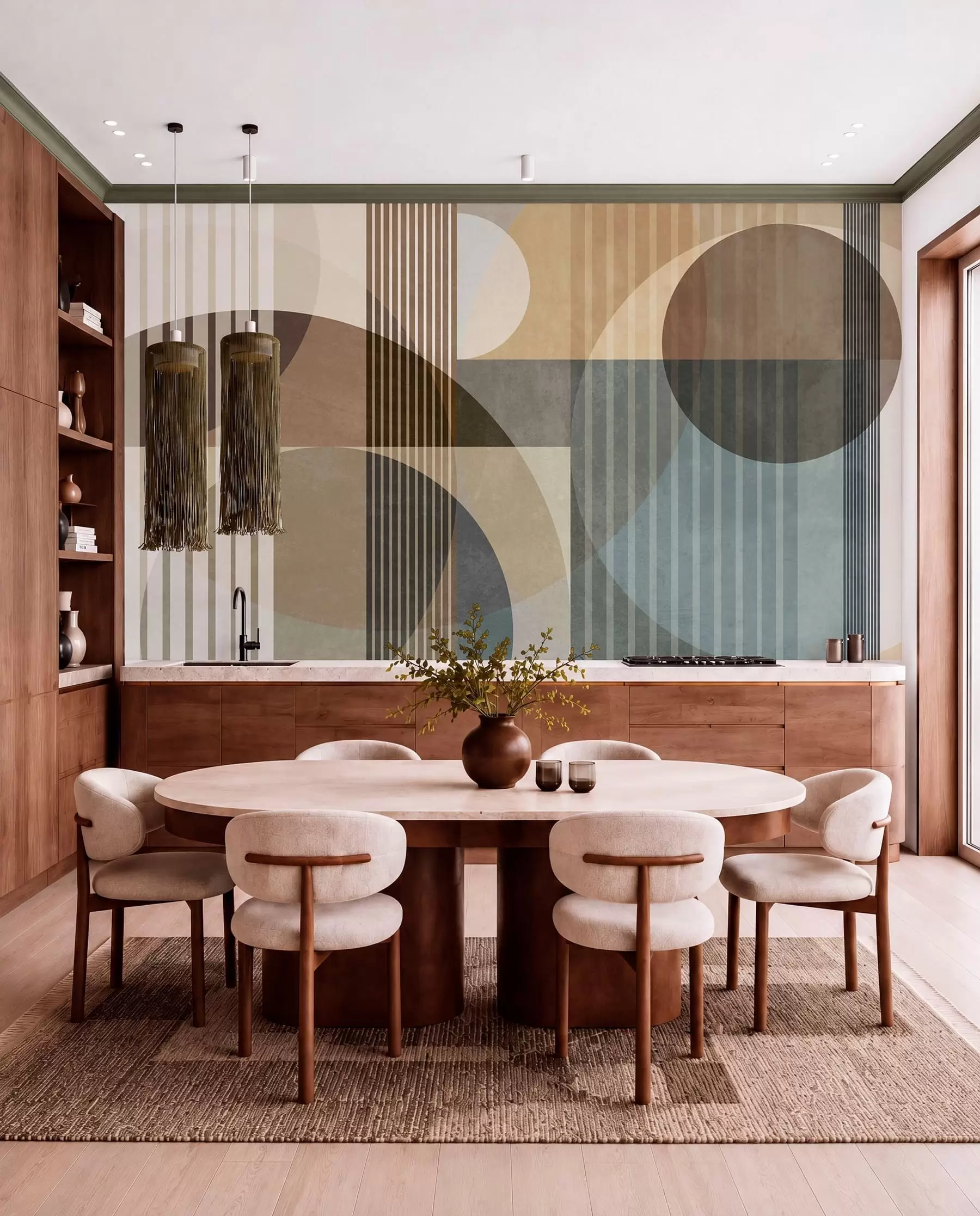 wall murals Abstract geometric shapes with circles and lines, muted earth tones, textured, layered composition w09834