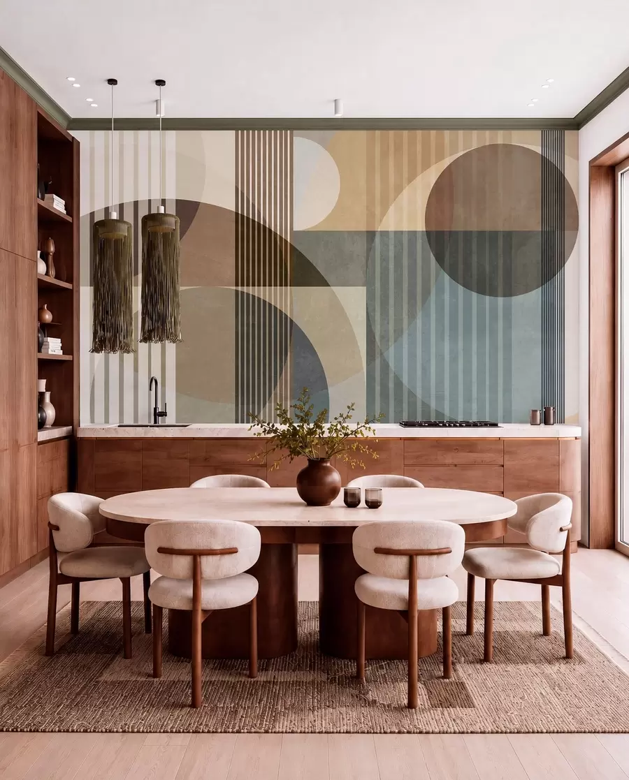 wall murals Abstract geometric shapes with circles and lines, muted earth tones, textured, layered composition w09834