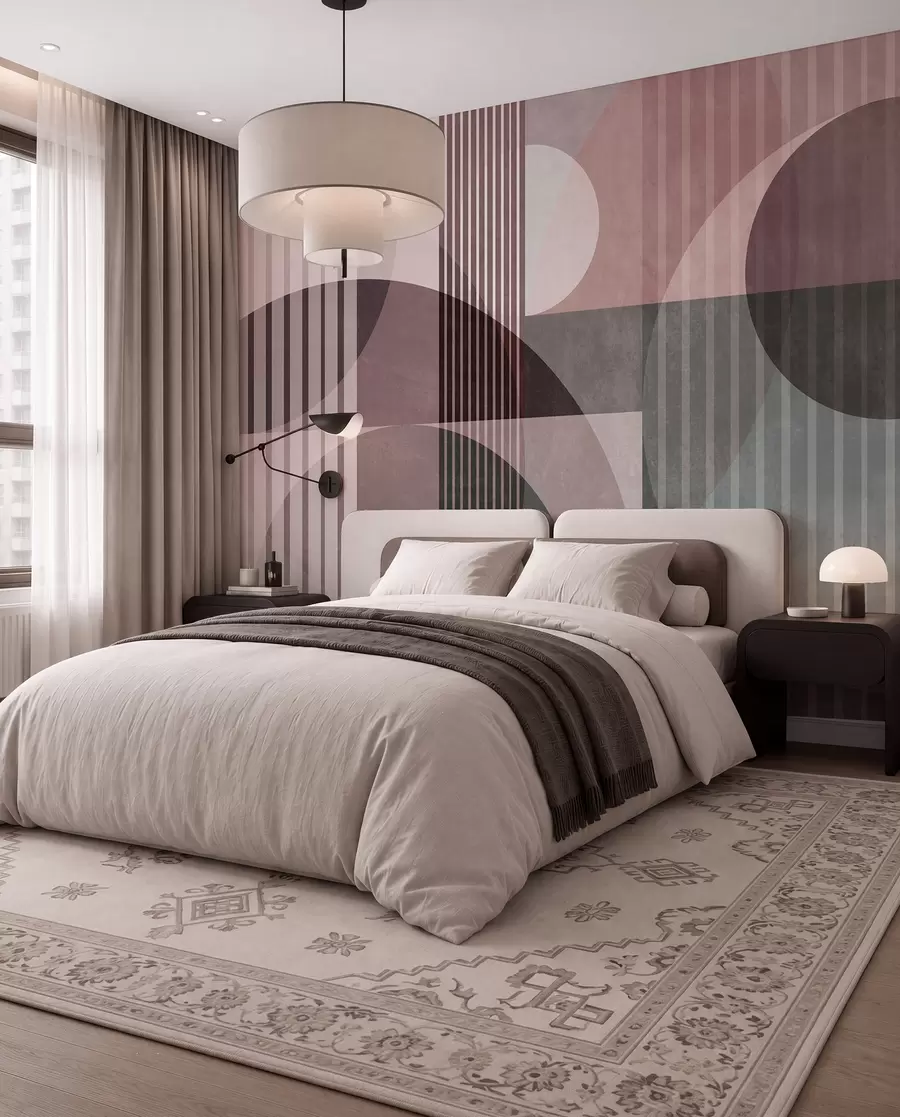 wall murals Abstract geometric shapes with circles and lines, muted tones, textured, layered composition w09834v1