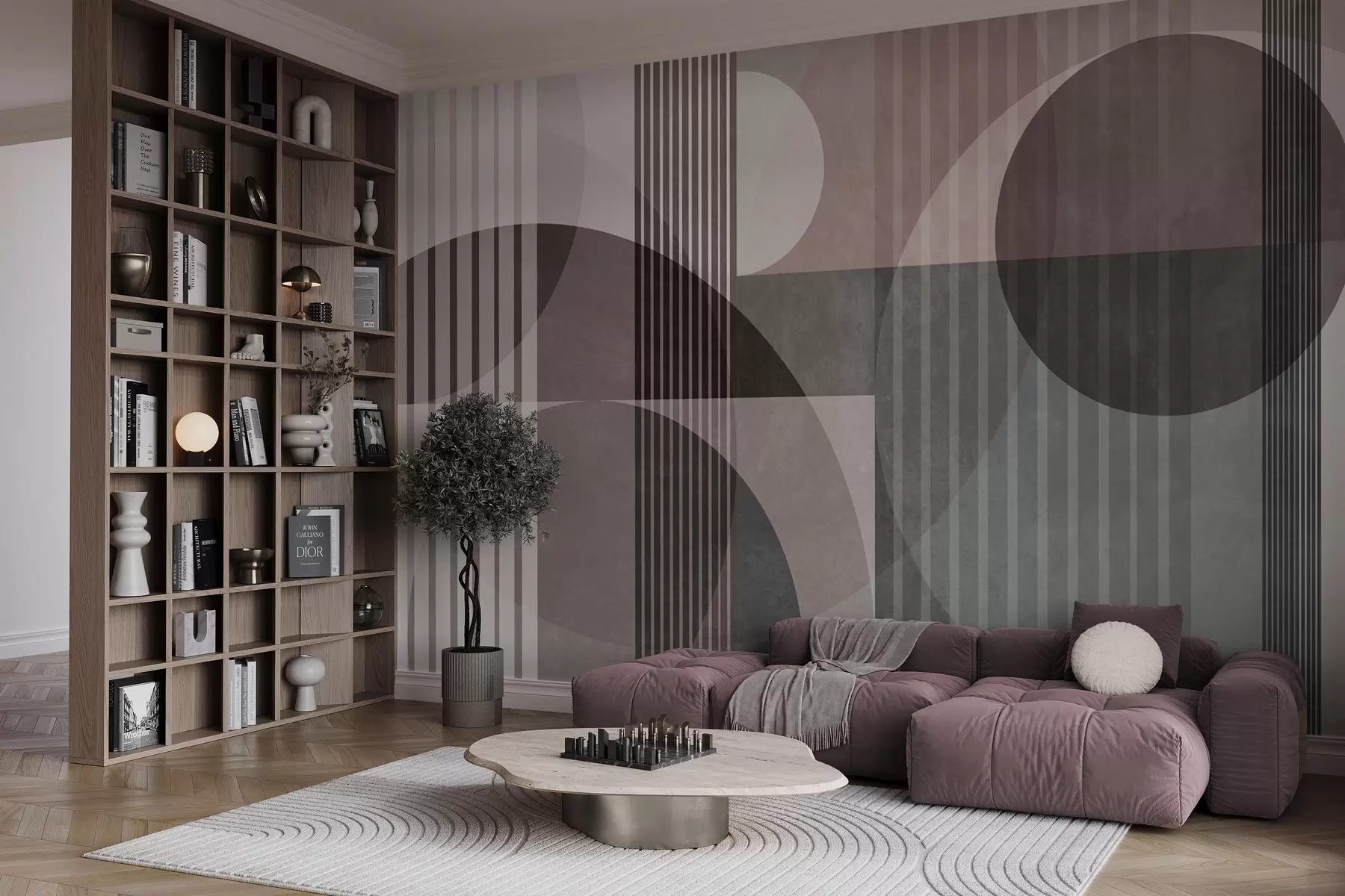 wall murals Abstract geometric shapes with circles and lines, muted tones, textured, layered composition w09834v1