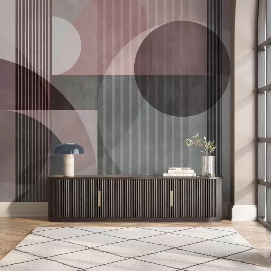 wall murals Abstract geometric shapes with circles and lines, muted tones, textured, layered composition w09834v1