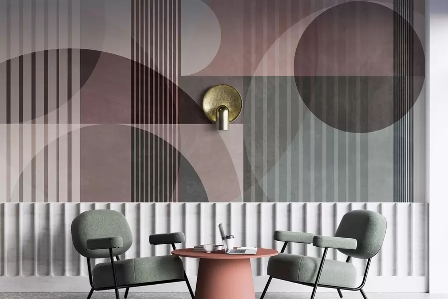 wall murals Abstract geometric shapes with circles and lines, muted tones, textured, layered composition w09834v1
