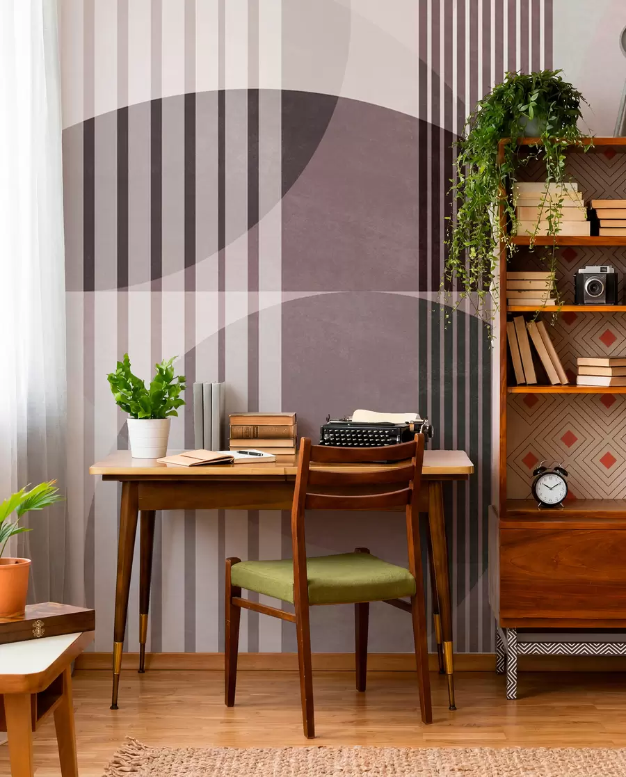 wall murals Abstract geometric shapes with circles and lines, muted tones, textured, layered composition w09834v1