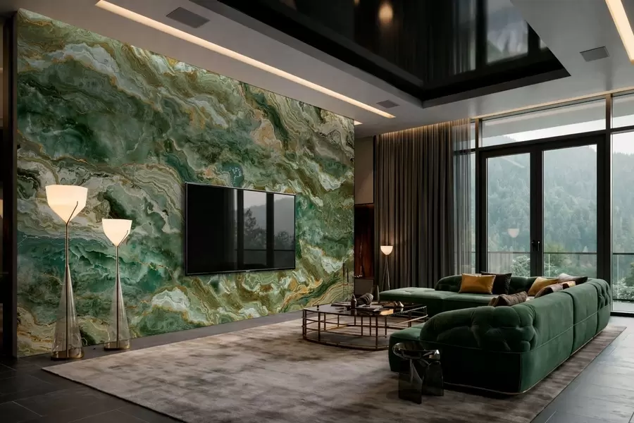 wall murals Green onyx texture with flowing layered veins w05429
