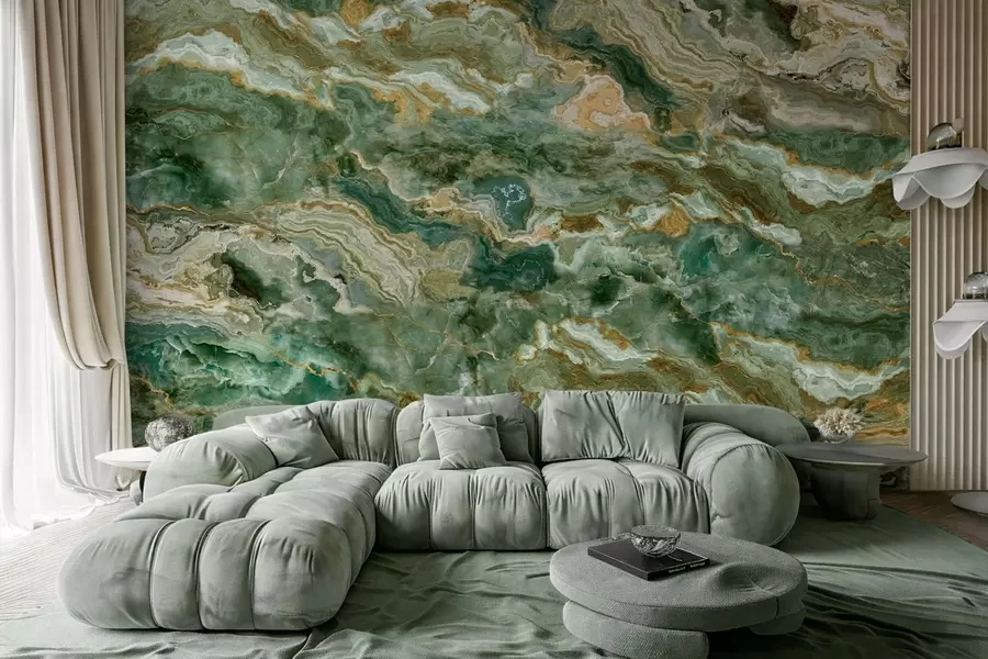wall murals Green onyx texture with flowing layered veins w05429