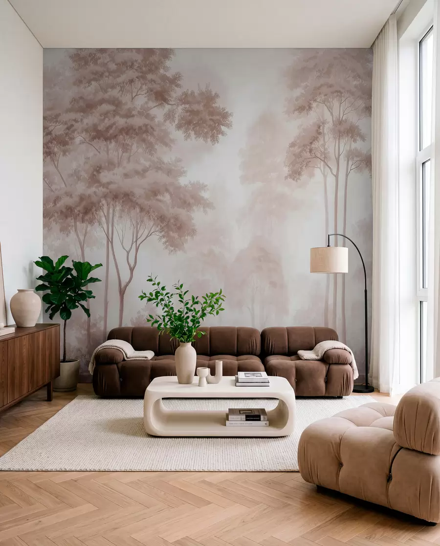 wall murals Abstract forest landscape in smoky beige tones with a sense of depth w09657