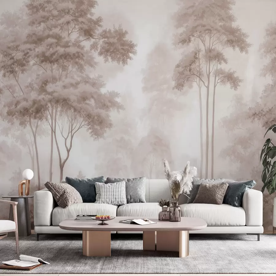 wall murals Abstract forest landscape in smoky beige tones with a sense of depth w09657