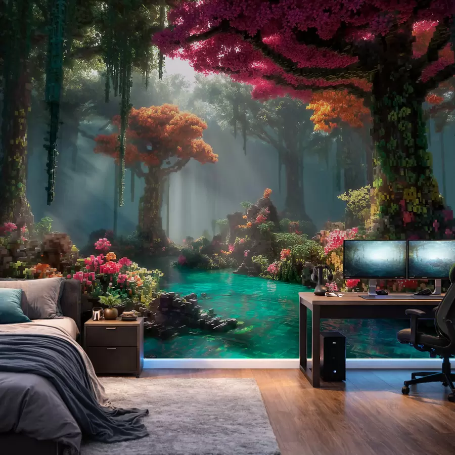 wall murals Pixel enchanted forest grove inspired by video games w09683
