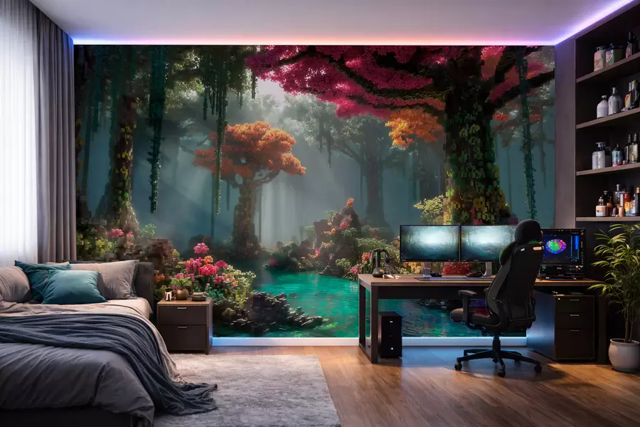 wall murals Pixel enchanted forest grove inspired by video games w09683