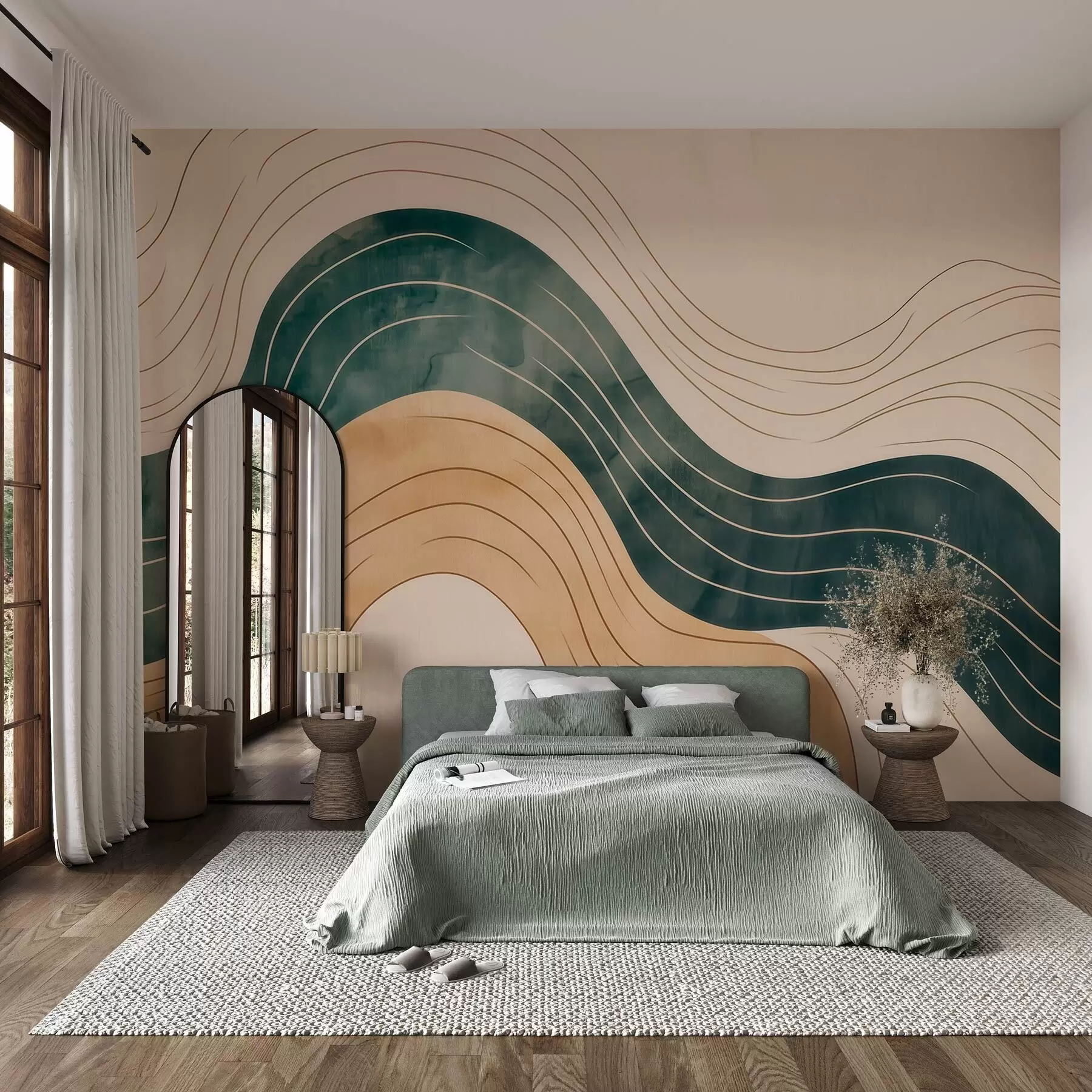 wall murals Abstract wavy lines in natural sand and emerald tones w09732