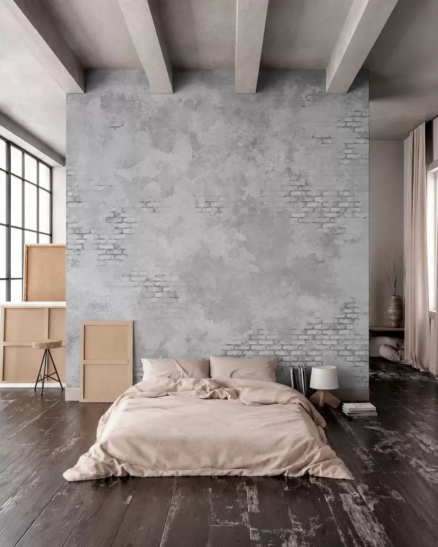 wall murals Grunge grey plaster with exposed brick patches w05161v2