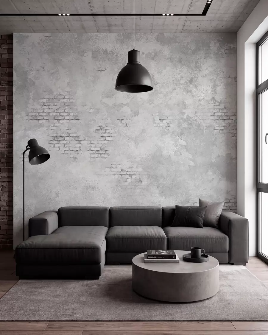 wall murals Grunge grey plaster with exposed brick patches w05161v2