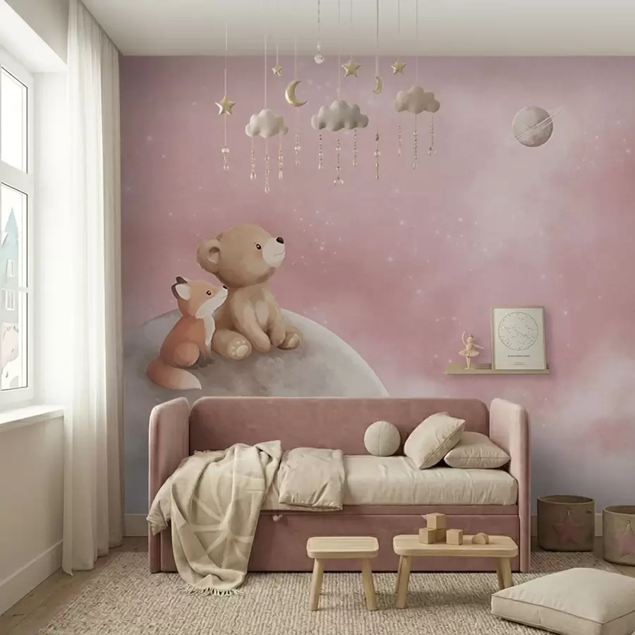 wall murals Pastel illustration bear and fox on moon pink sky w05431v2