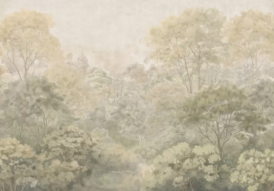 wall murals Vintage forest landscape in muted green tones w05433