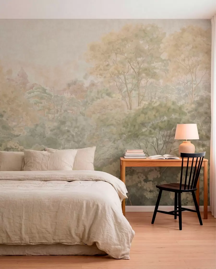 wall murals Vintage forest landscape in muted green tones w05433