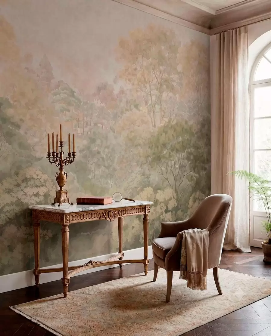 wall murals Vintage forest landscape in muted green tones w05433