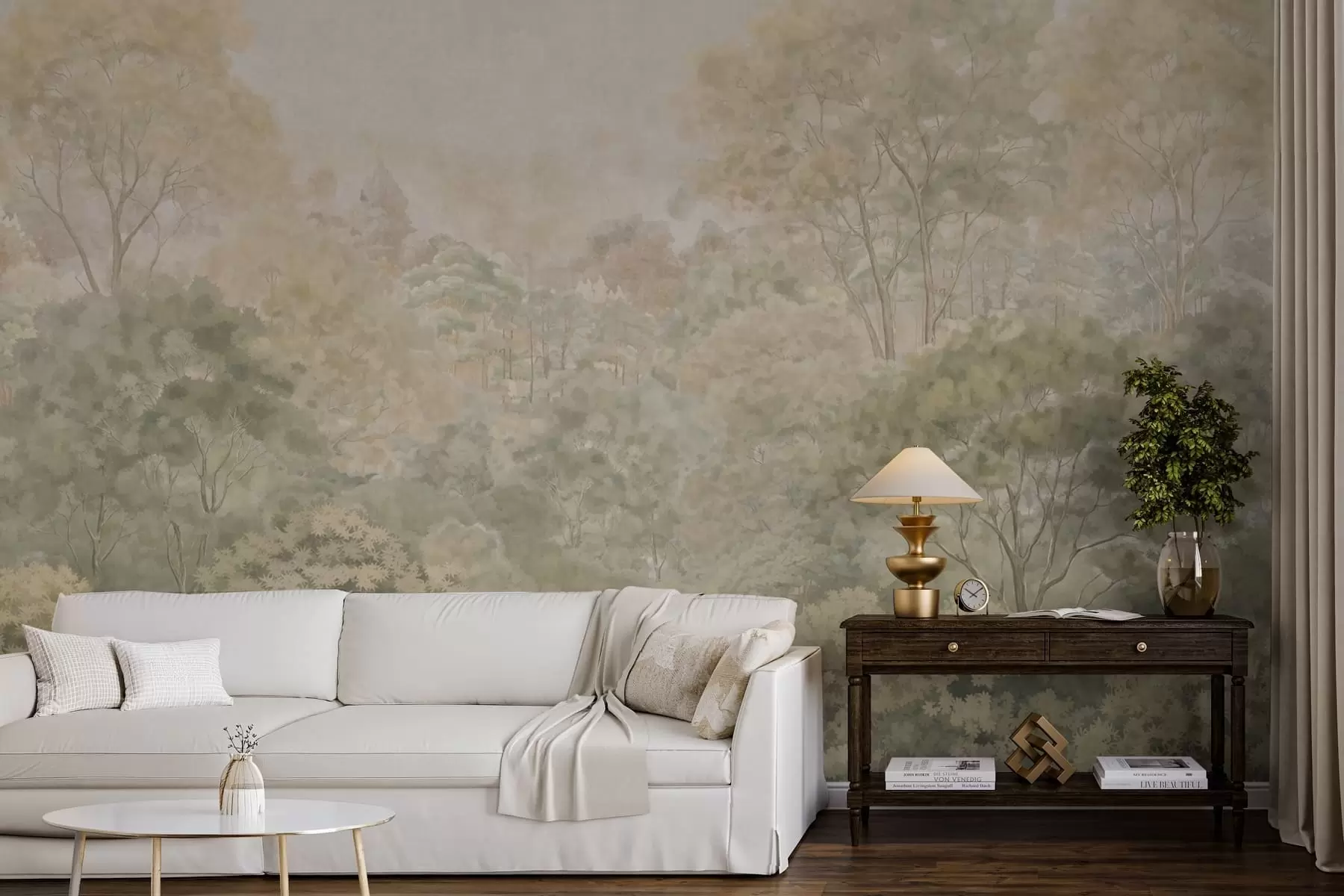 wall murals Vintage forest landscape in muted green tones w05433