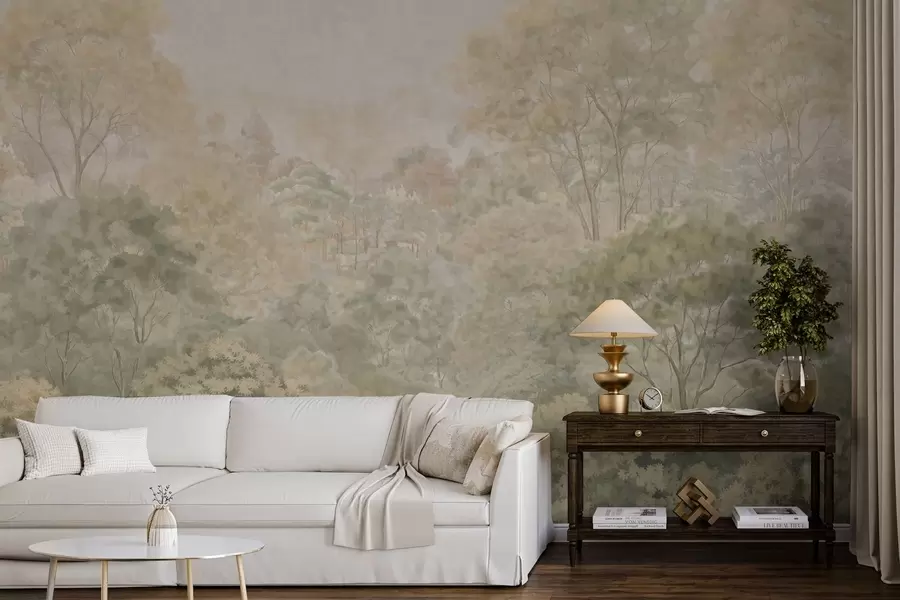 wall murals Vintage forest landscape in muted green tones w05433