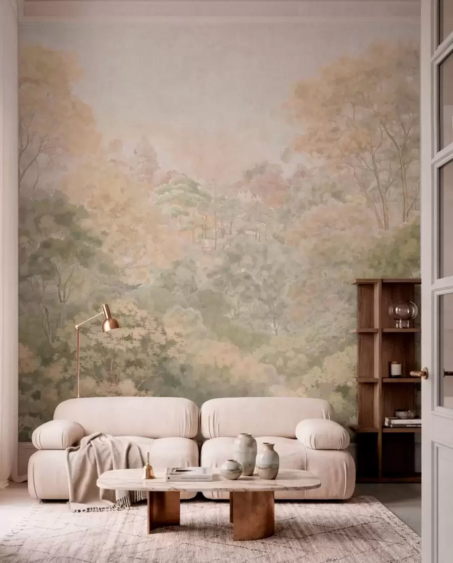 wall murals Vintage forest landscape in muted green tones w05433