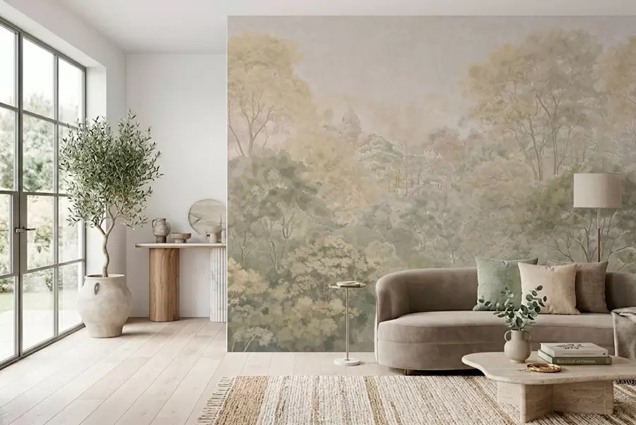 wall murals Vintage forest landscape in muted green tones w05433