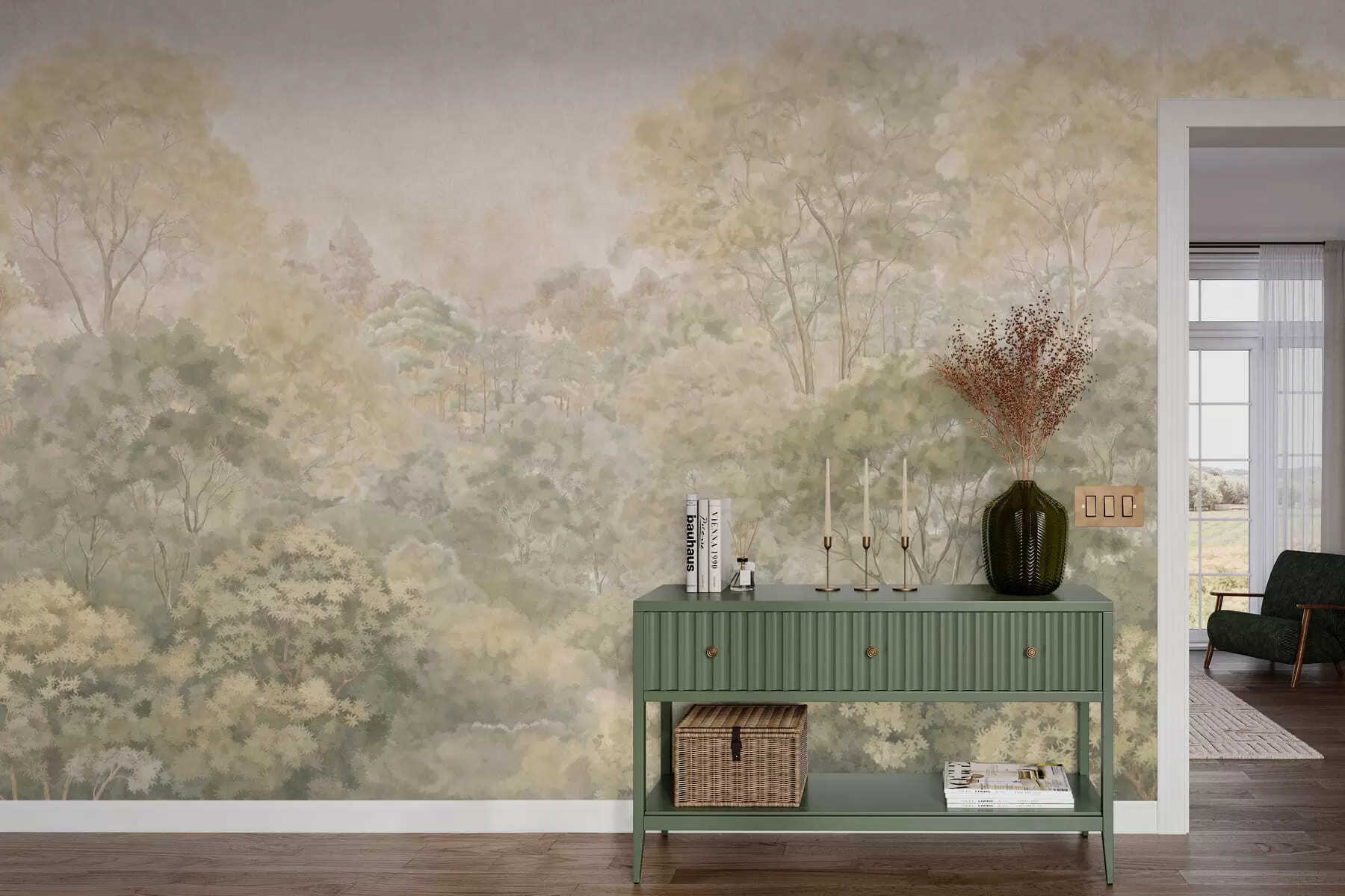 wall murals Vintage forest landscape in muted green tones w05433