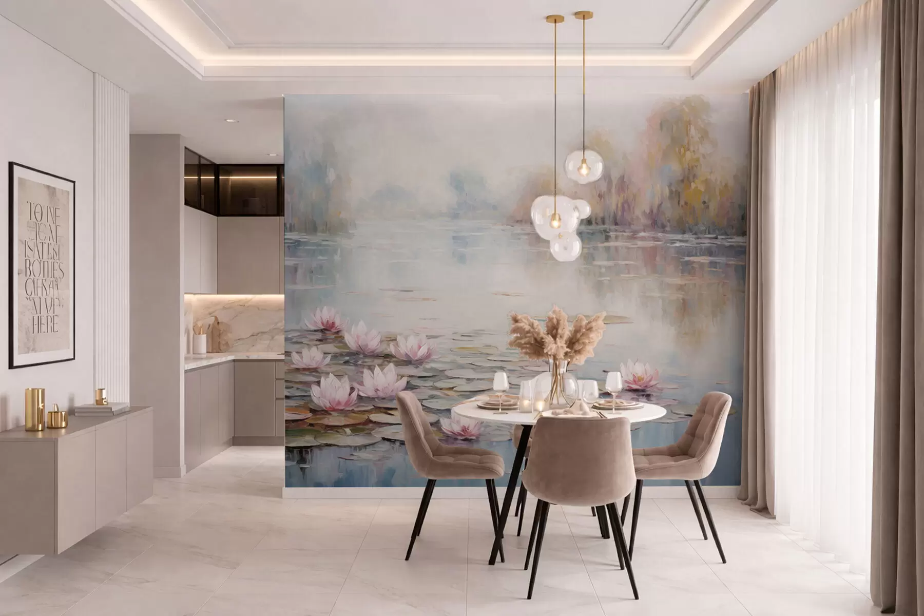 wall murals Impressionism lake with water lilies and soft light w05515