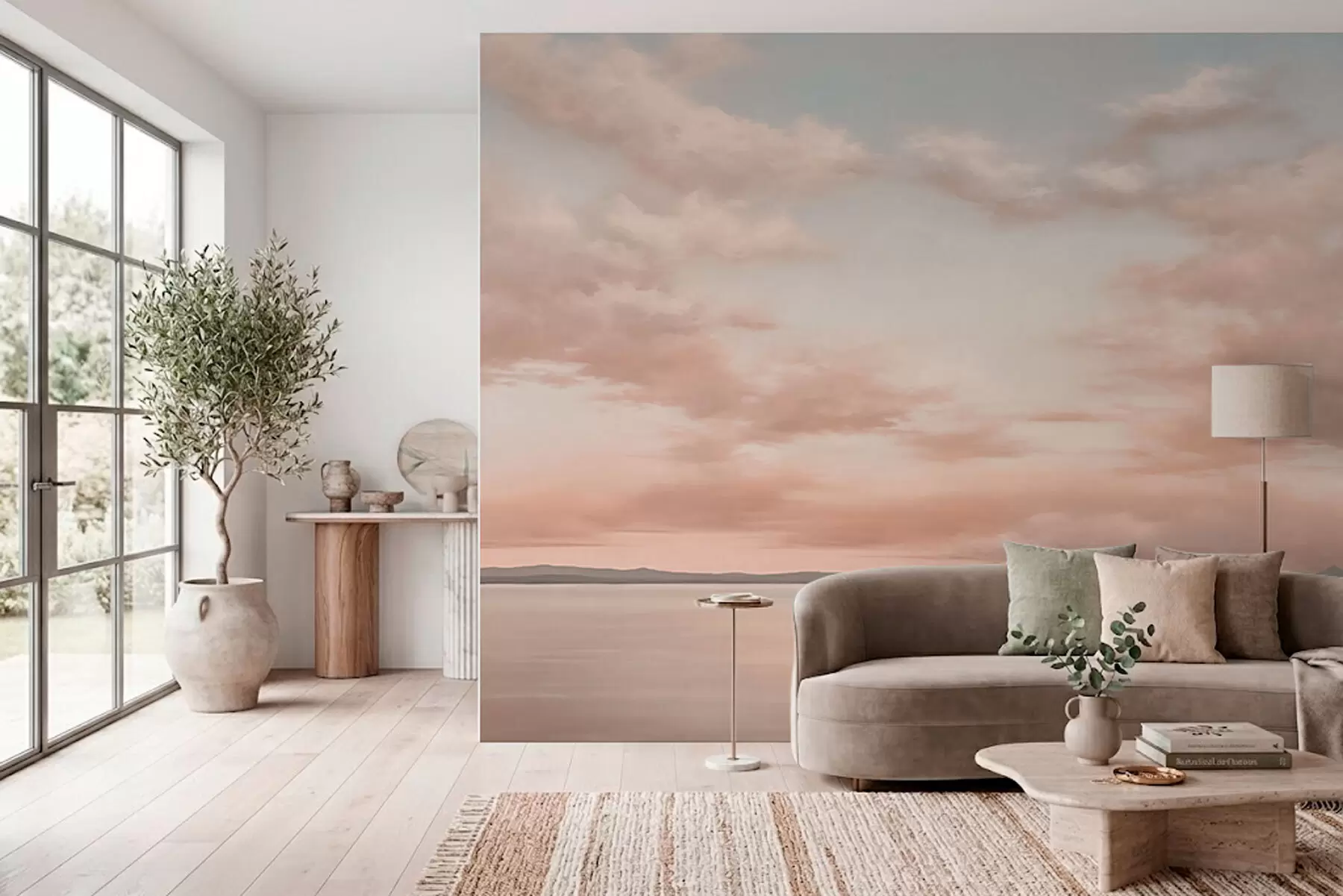 wall murals Minimalism sea horizon with pastel clouds w05516