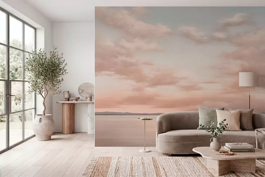 wall murals Minimalism sea horizon with pastel clouds w05516