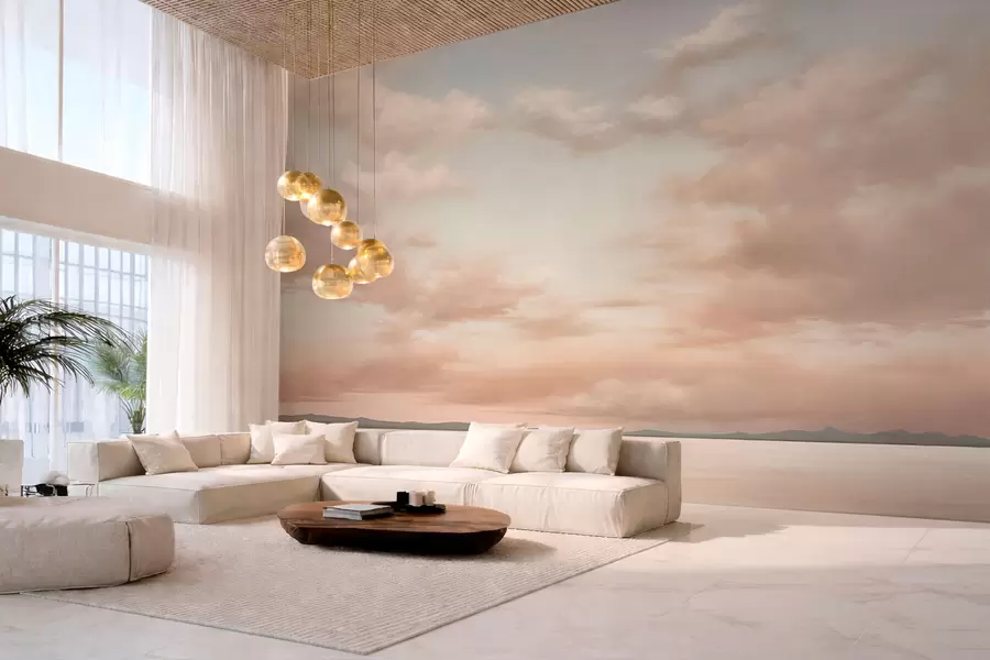 wall murals Minimalism sea horizon with pastel clouds w05516