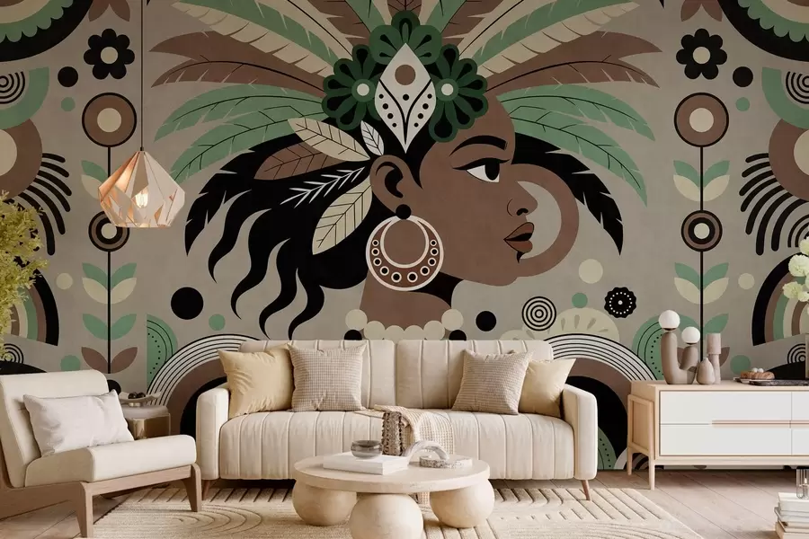 wall murals a stylish African-inspired design in shades of green, brown and beige w05389v1