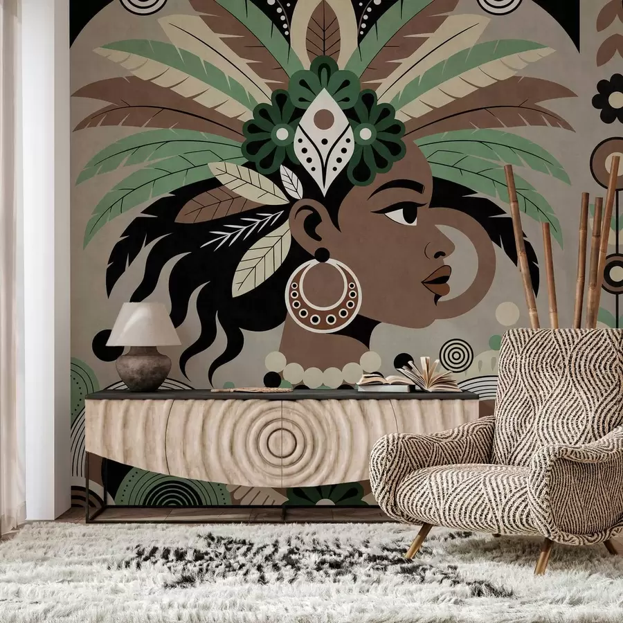 wall murals a stylish African-inspired design in shades of green, brown and beige w05389v1