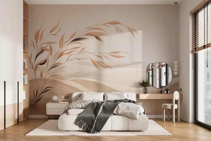 wall murals A soft landscape with a branch over hills in light beige tones w05297
