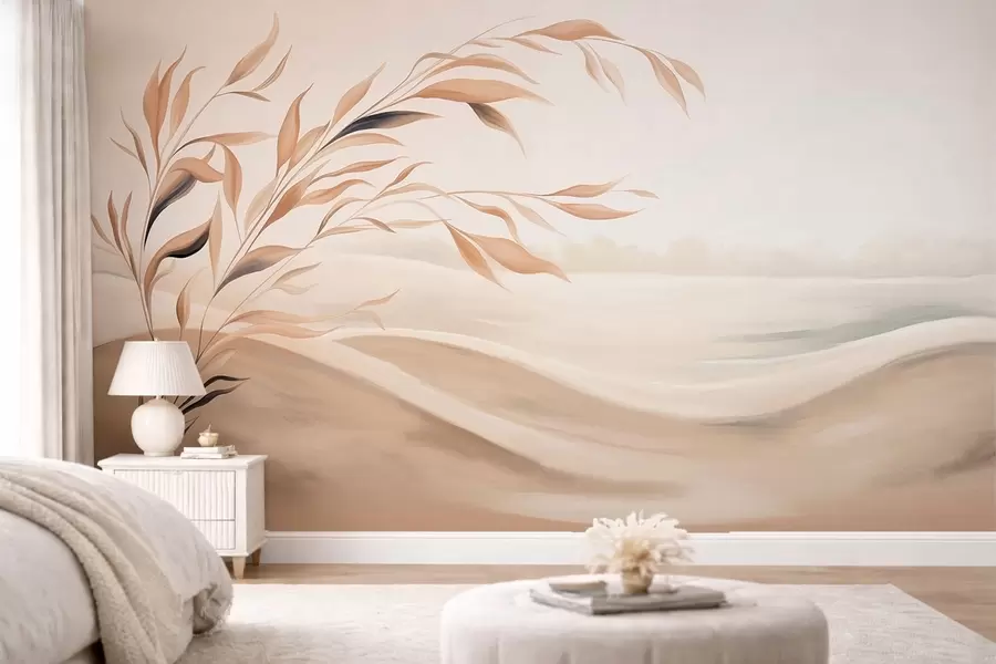 wall murals A soft landscape with a branch over hills in light beige tones w05297