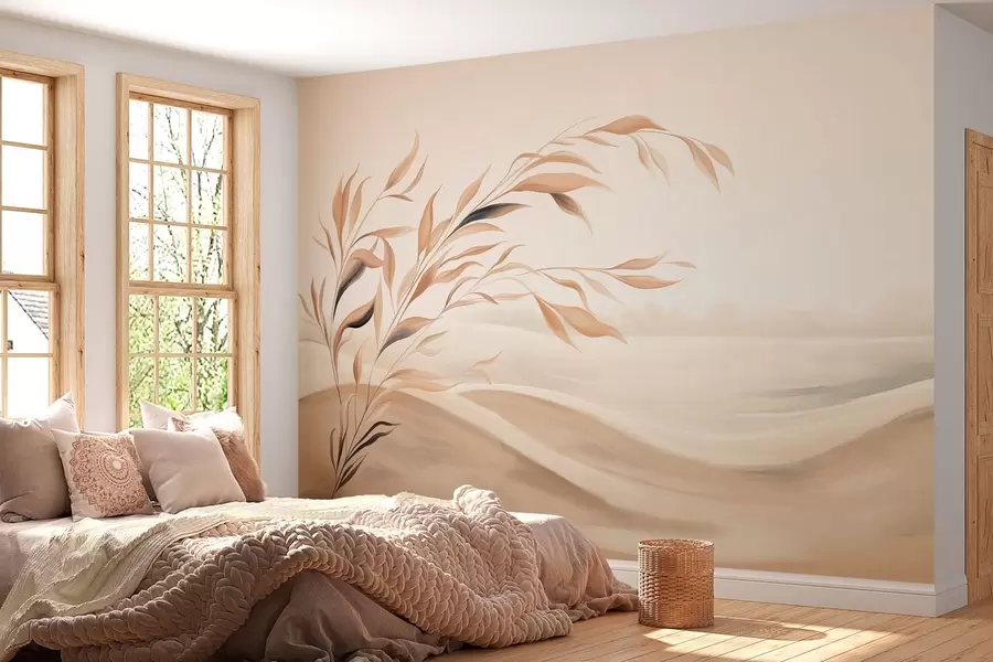 wall murals A soft landscape with a branch over hills in light beige tones w05297