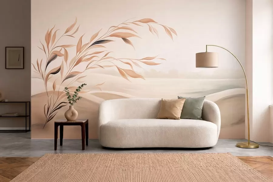 wall murals A soft landscape with a branch over hills in light beige tones w05297