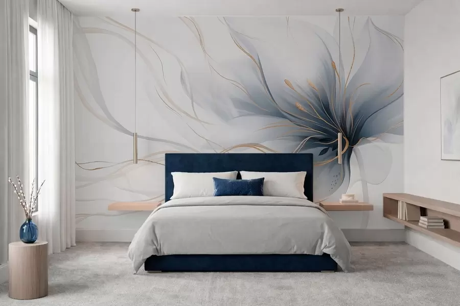 wall murals An abstract blue flower with flowing lines in the Fluid Art style w05428